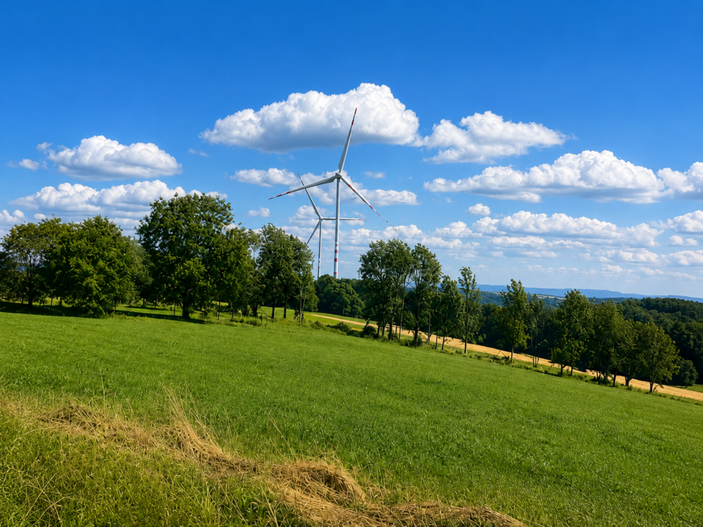 Zwei Windräder stehen hinter einer Baumreihe über einer grünen Wiese, unter blauem Himmel mit vielen weißen Wolken.