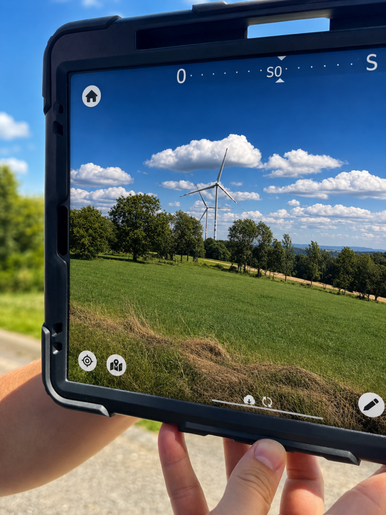 Ein Tablet zeigt in einer Landschaftssimulation zwei Windräder über einer grünen Wiese und Baumreihe unter blauem Himmel mit Wolken.