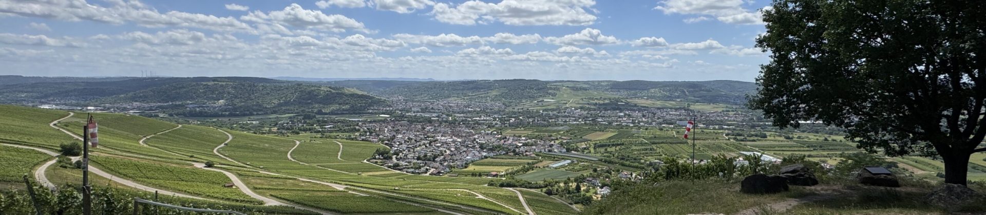 Weiter Blick über Weinberge und Wege auf das Remstal mit einem Ort im Tal, unter blauem Himmel mit vielen Wolken und gerahmt von Bäumen.